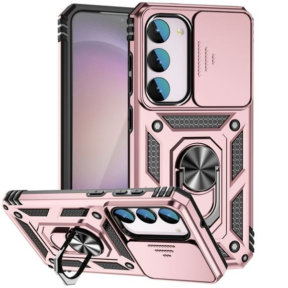 for Samsung Galaxy S24 Case, Soft TPU & Hard PC Anti-scratch Sliding Cover Full Protection Ring Stand Rotating Kickstand Holder Magnetic Shockproof Phone Case Cover for Galaxy S24, Rosegold