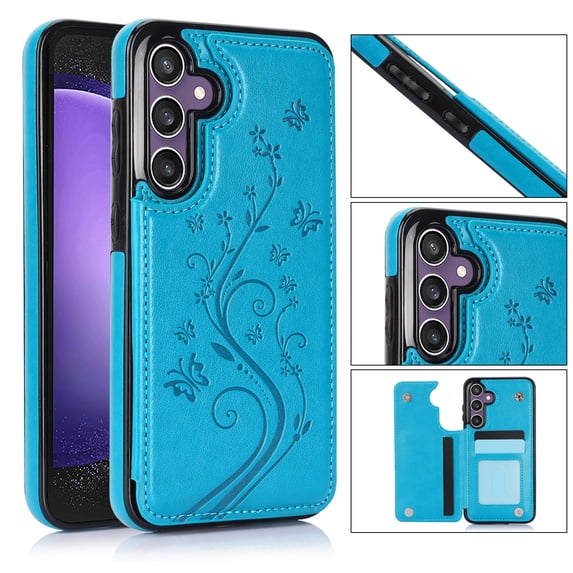 for Samsung Galaxy S24 Case Wallet with Card Holder, Floral Flower Pattern Back Flip Folio PU Leather Kickstand Card Slots Case for Women Girls, Double Magnetic Clasp Shockproof Cover, Blue