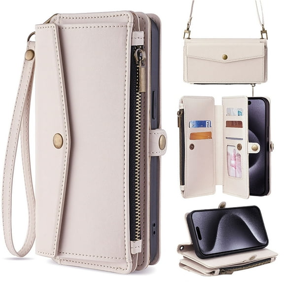 for Samsung Galaxy S24 Case Wallet with Card Holder Zipper Bills Slot, Soft PU Leather Detachable Shoulder Strap and Wrist Strap Kickstand for Samsung Galaxy S24 Rugged Cover, White