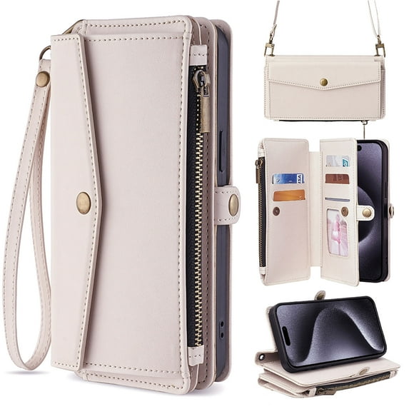 for Samsung Galaxy S24 Case Wallet with Card Holder Zipper Bills Slot, Soft PU Leather Detachable Shoulder Strap and Wrist Strap Kickstand for Samsung Galaxy S24 Rugged Cover, White