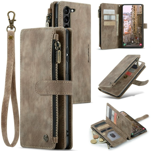 for Samsung Galaxy S24 Case, Wallet Case with Card Holder Kickstand Magnetic Zipper Pocket Lanyard Strap Wristlet,Leather Flip Case Wallet for Samsung Galaxy S24,Brown