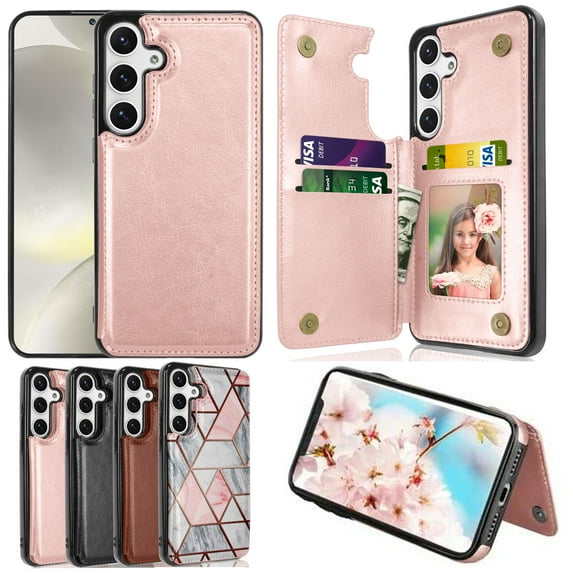Samsung Galaxy S24 Case, Galaxy S24 Wallet Case, Takfox Shockproof PU Leather Case Card Pockets Slots Cash ID Credit Card Flip Phone Cases Cover Kickstand Magnetic Hard Cases,Rose Gold