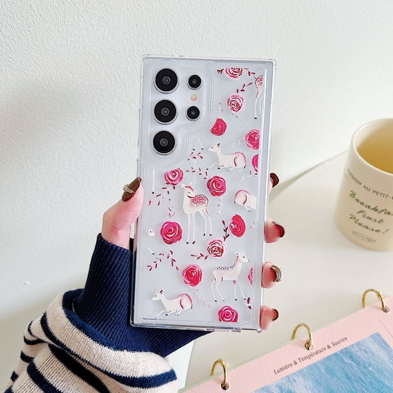 For Samsung Galaxy S24+ Case for Women Girls, Stylish Back Cover Soft TPU Shockproof Drop Protective Slim Fit Anti-Scratch Bumper Phone Case for Samsung Galaxy S24+, Flower & Deer