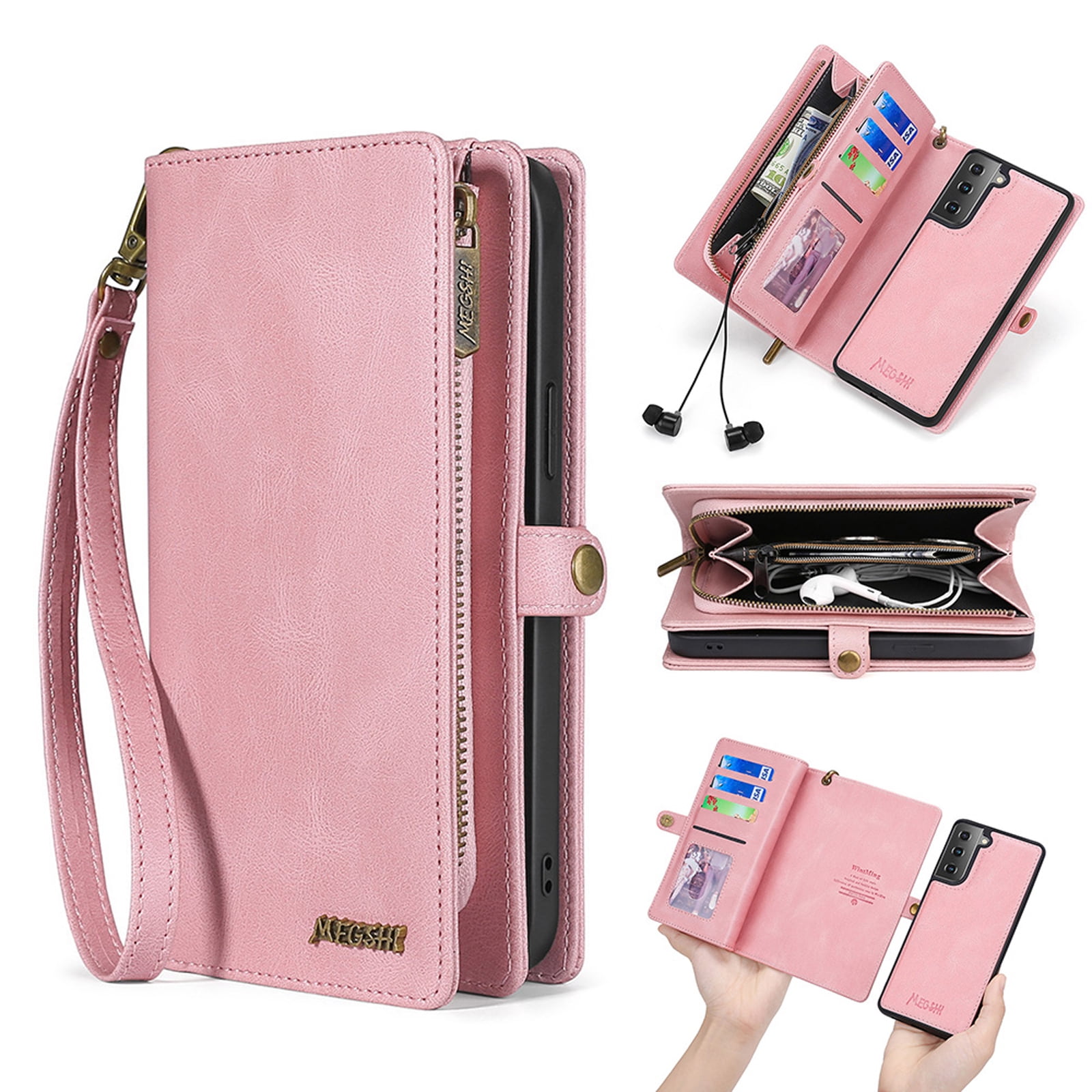 for Samsung Galaxy S24 Case for Women Men, Removable Durable PU Leather Magnetic Flip Strap Wristlet Zipper Purse Card Holder Detachable Wallet Phone Cases for Samsung Galaxy S24, Pink