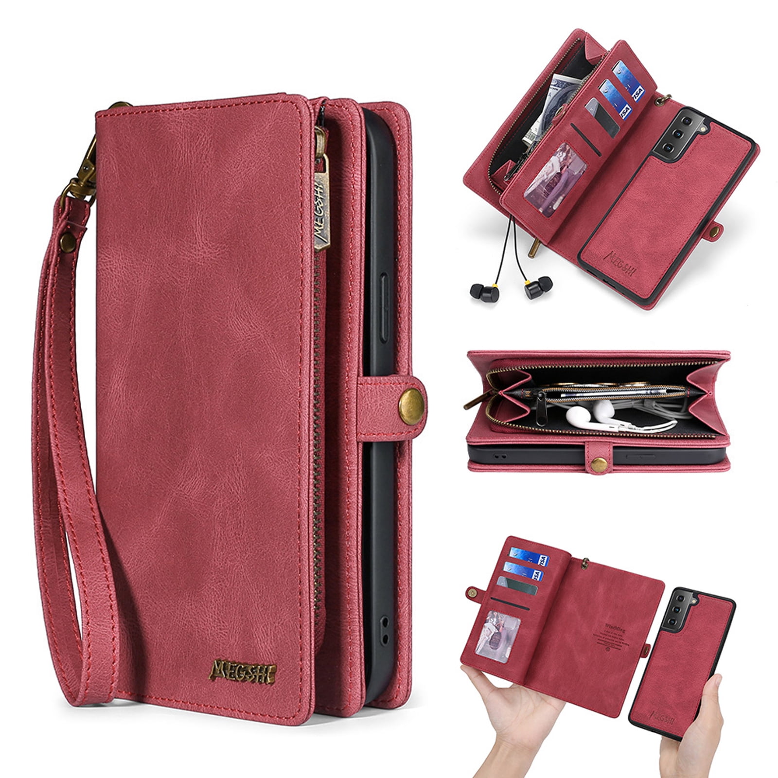 for Samsung Galaxy S24 Case for Women Men, Removable Durable PU Leather Magnetic Flip Strap Wristlet Zipper Purse Card Holder Detachable Wallet Phone Cases for Samsung Galaxy S24, Red