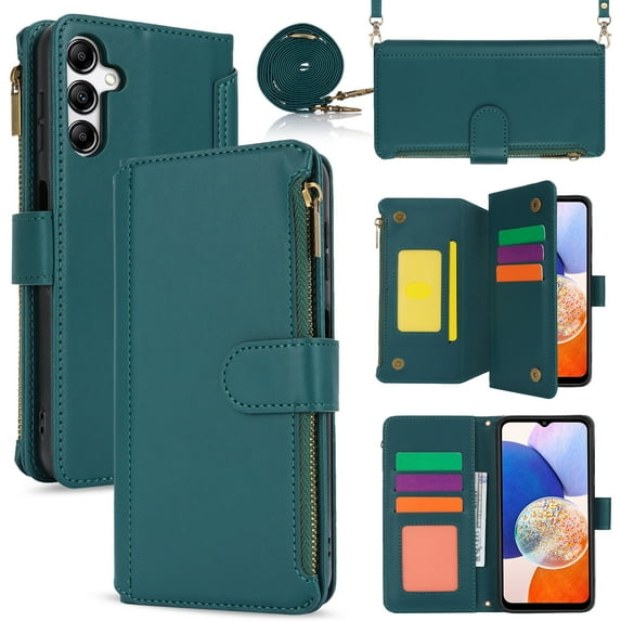 for Samsung Galaxy S24 Crossbody Case, RFID Blocking for Galaxy S24 Case Wallet with Card Holder, Fashion PU Leather Magnetic Flip Zipper Wrist Strap Lanyard Phone Case, Green