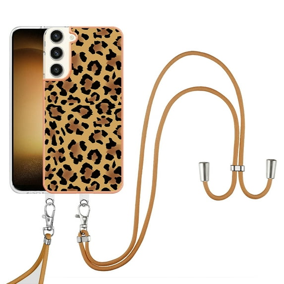for Samsung Galaxy S24 Crossbody Strap Phone Case, Anti-Fall Pattern Clear Design Transparent Soft & Flexible TPU Drop and Shockproof Protective Cover with Adjustable Nylon Neck Strap, Leopard