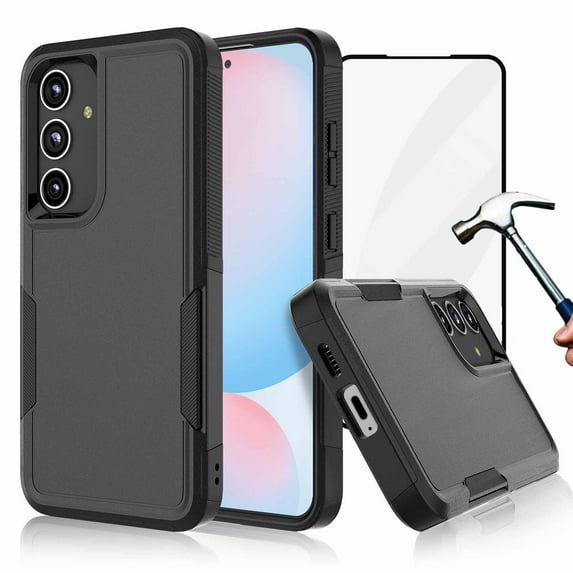 For Samsung Galaxy S24 FE 5G Phone Case, with Tempered Glass Screen Protector, Heavy Duty Rugged Shockproof Full Body Protection Sturdy Durable Cover Cute Bumper for Galaxy S24 FE 5G -Black