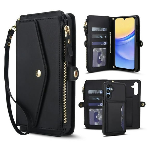 For Samsung Galaxy S24 FE 5G【RFID Blocking】Multi functional 2-in-1 Soft PU Leather Wallet Case Magnetic Flip Cover Multi-Card Slots Zipper Pocket With Detachable Shoulder Strap And Wrist Strap,Black