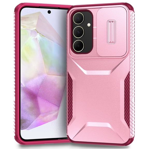 for Samsung Galaxy S24 FE Case with Built-in Camera Lens Slide Cover, Heavy-Duty Shockproof Rugged Case Heavy Duty Bumper Shockproof Phone Cover for Samsung Galaxy S24 FE,Pink