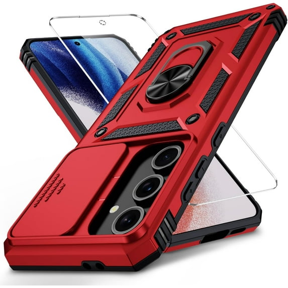 for Samsung Galaxy S24 FE Case with Camera Lens Cover,10 FT Military Grade Drop Protection, Magnetic Ring Holder Kickstand Protective Phone Case for Galaxy S24 FE Case, Red