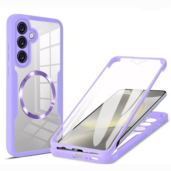 for Samsung Galaxy S24 FE Case Clear, Magnetic Case with Screen Protector, Compatible with MagSafe, Not Yellowing Shockproof Full Body Protection Slim Transparent Case for Galaxy S24 FE, Purple