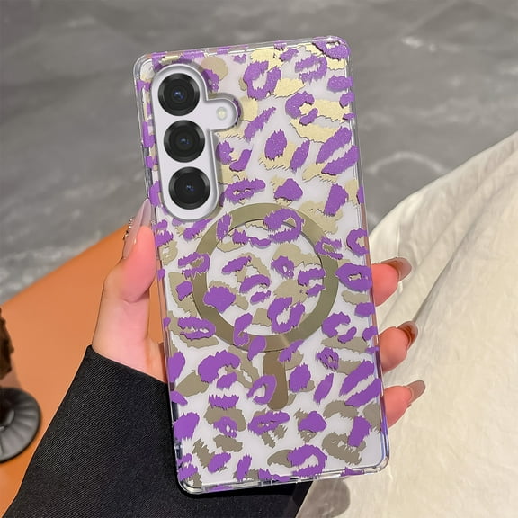 For Samsung Galaxy S24 FE Case - Compatible with MagSafe Women Girls Cute Magnetic Protective Phone Cover Fun Unique Girly Cute Leopard Pattern Hybrid Rubber Slim Shockproof Design,Purple