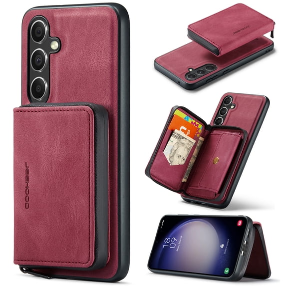 For Samsung Galaxy S24 FE Case, Detachable 2 in 1 PU Leather Zipper Wallet Case for Women Men with RFID Blocking Removable Card Holder Slot Magnetic Closure Shockproof Protective Phone Cover,Red