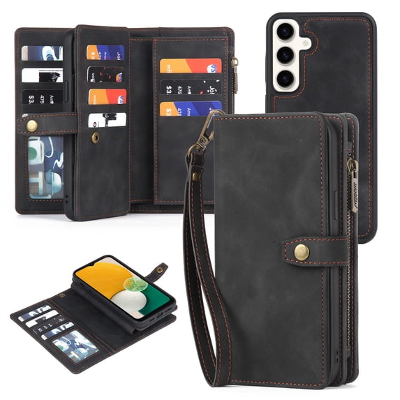 for Samsung Galaxy S24 FE Case Detachable Wallet Zipper Rugged Case with Card Holder, 2 in 1 PU Leather Flip Folio Case with Stand Wrist Strap Shockproof Phone Cover for Galaxy S24 FE, Black