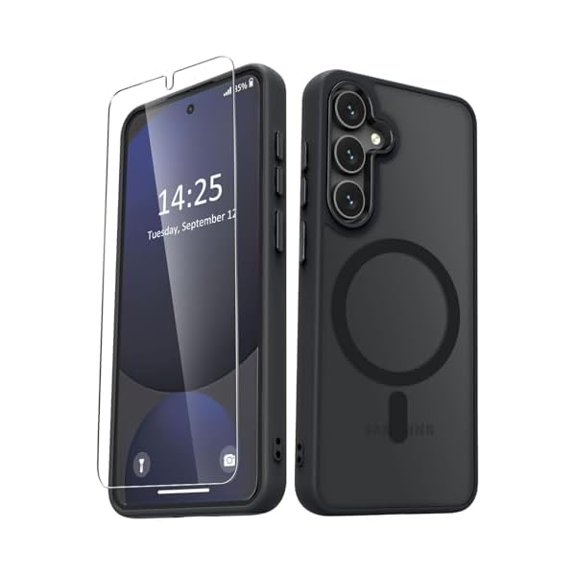 for Samsung Galaxy S24 FE Case, Matte Magnetic Phone Case with 1 Screen Protector, Support for Magsafe, Translucent Frosted Slim Shockproof Protective Cover for Samsung Galaxy S24 FE, Black