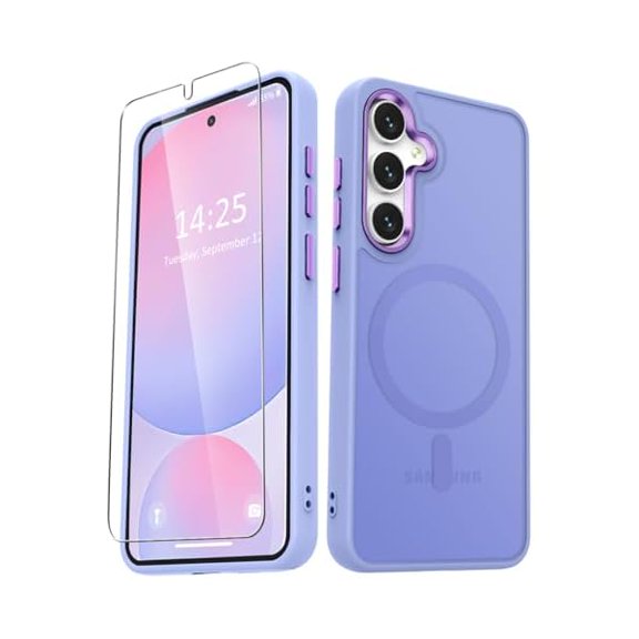 for Samsung Galaxy S24 FE Case, Matte Magnetic Phone Case with 1 Screen Protector, Support for Magsafe, Translucent Frosted Slim Shockproof Protective Cover for Samsung Galaxy S24 FE, Purple