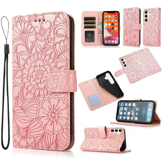 For Samsung Galaxy S24 FE Case, Premium Leather Magnetic Closure Flip Wallet Case with Card Holder Cash Slot Stand Function Embossed Flower Pattern Slim Shockproof Lanyard/Strap Cover,Rosegold