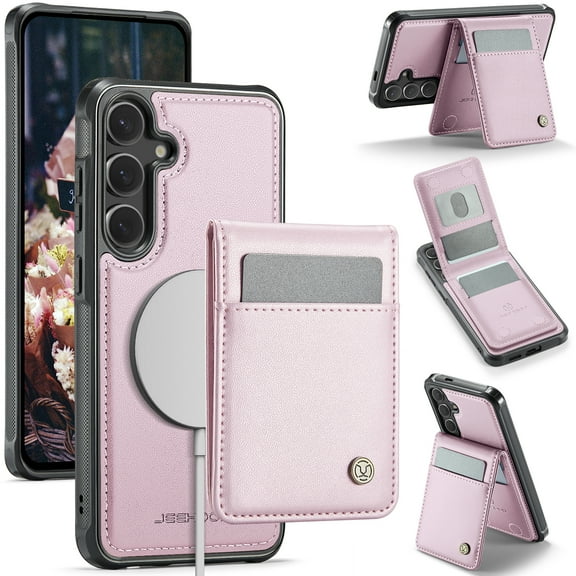 for Samsung Galaxy S24 FE Case with RFID Blocking Card Holder Samsung Galaxy S24 FE Case Magsafe Compatible Phone case Kickstand Wallet 2 in 1 Detachable Magnetic Leather Cover for Men Women, Pink