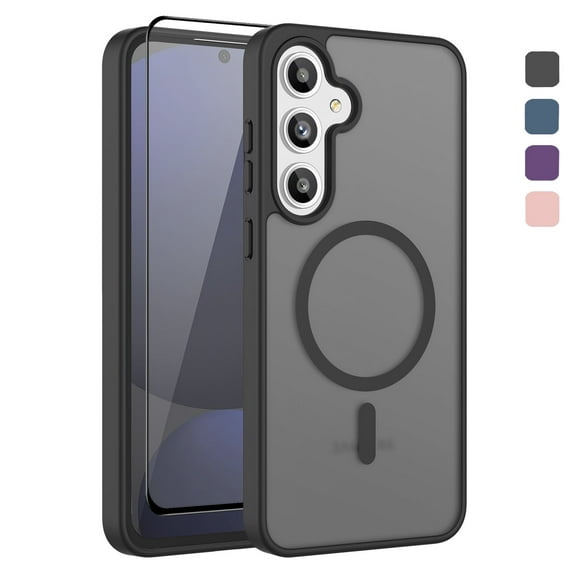 For Samsung Galaxy S24 FE Case with Tempered Glass Screen Protector, Magnetic Phone Case for Samsung Galaxy S24 FE Compatible with MagSafe Tekcoo Translucent Back Shockproof Rugged Cover - Black