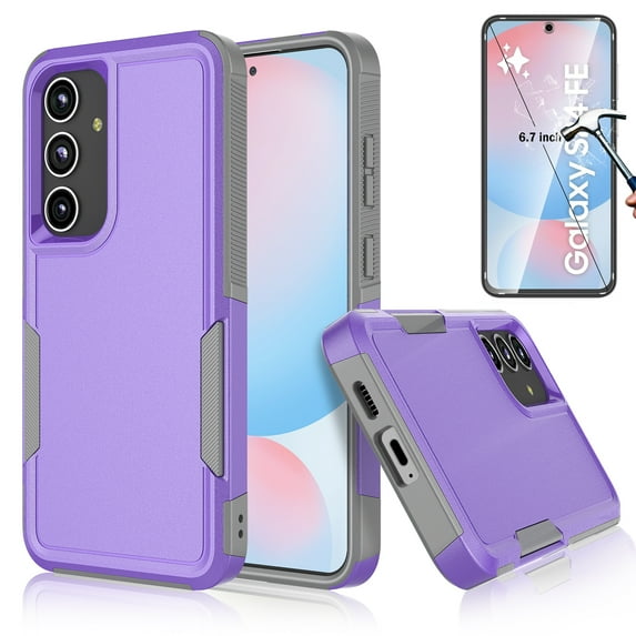 Samsung Galaxy S24 FE Case with Tempered Glass Screen Protector, Njjex Heavy Duty Rugged Shockproof Full Body Protective 2-IN-1 Phone Case Cover for Galaxy S24 FE, Purple