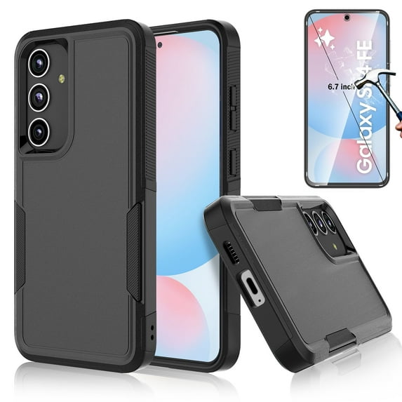 Samsung Galaxy S24 FE Case with Tempered Glass Screen Protector, Njjex Heavy Duty Rugged Shockproof Full Body Protective 2-IN-1 Phone Case Cover for Galaxy S24 FE, Black