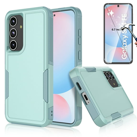Samsung Galaxy S24 FE Case with Tempered Glass Screen Protector, Njjex Heavy Duty Rugged Shockproof Full Body Protective 2-IN-1 Phone Case Cover for Galaxy S24 FE, Green