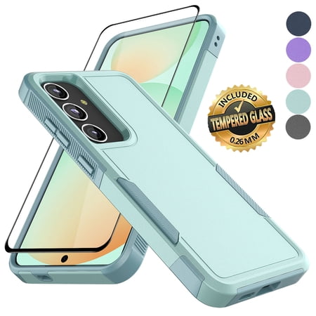 For Samsung Galaxy S24 FE Case with Tempered Glass Screen Protector, Tekcoo Dual Layer Heavy Duty Cover Military Grade Protection Shockproof Rugged Phone Case for Samsung Galaxy S24 FE - Mint