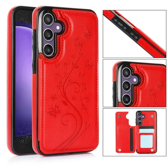 for Samsung Galaxy S24 FE Case Wallet with Card Holder, Floral Flower Pattern Back Flip Folio PU Leather Kickstand Card Slots Case for Women Girls, Double Magnetic Clasp Shockproof Cover, Red