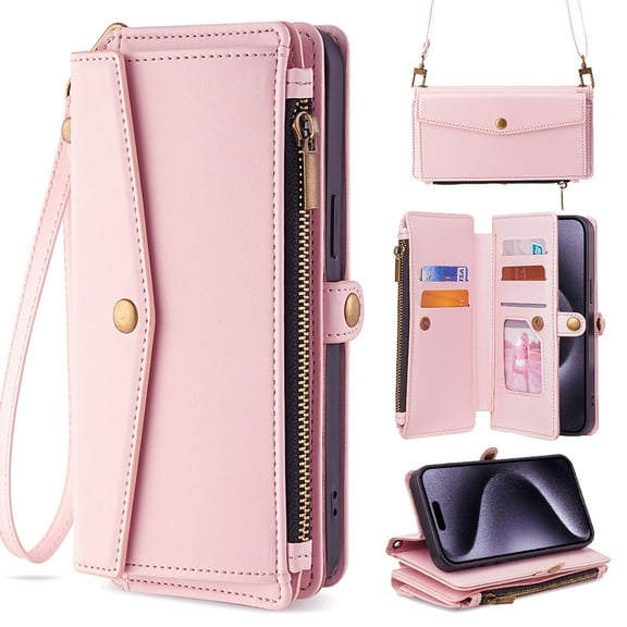 for Samsung Galaxy S24 FE Case Wallet with Card Holder Zipper Bills Slot, Soft PU Leather Detachable Shoulder Strap and Wrist Strap Kickstand for Samsung Galaxy S24 FE Rugged Cover, Pink