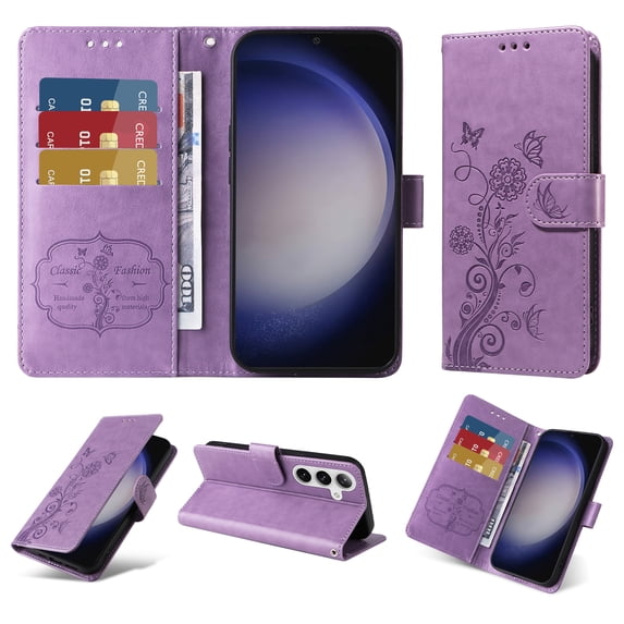 For Samsung Galaxy S24 FE Case Wallet, Stylish Flower Butterfly Embossed PU Leather Flip Cover Stand Shockproof Cards Slots Hand Wrist Phone Case for Samsung Galaxy S24 FE, Purple