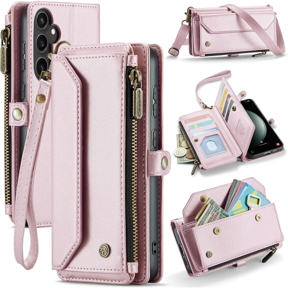 for Samsung Galaxy S24 FE Case, Women Men Multi-Function Wallet Case with Stand RFID Blocking Featuring Magnetic Closure Zipper Includes Shoulder Strap Wrist Strap