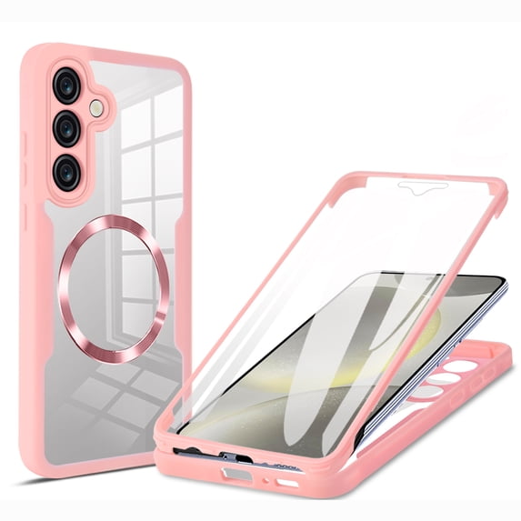 for Samsung Galaxy S24 FE Clear Case with Built-in Screen Protector Film, Compatible with Mag-Safe, Military-Grade Protection Yellowing Resistant, Slim Shockproof Magnetic Full Body Phone Case, Pink