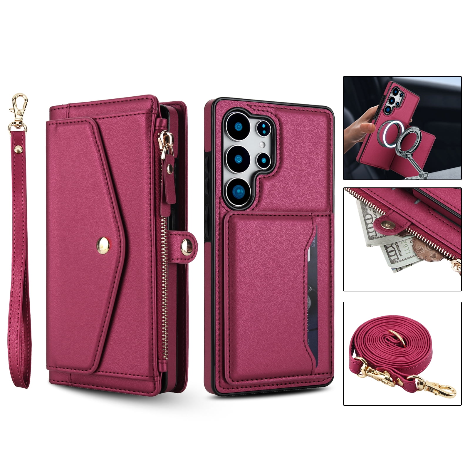 For Samsung Galaxy S24 FE Crossbody Wallet Phone Case,Magnetic Detachable Flip,With Shoulder Strap&Wrist Strap,Zipper Pocket,Card&Cash Slots,PU Leather Shockproof Rugged Phone Case,Red