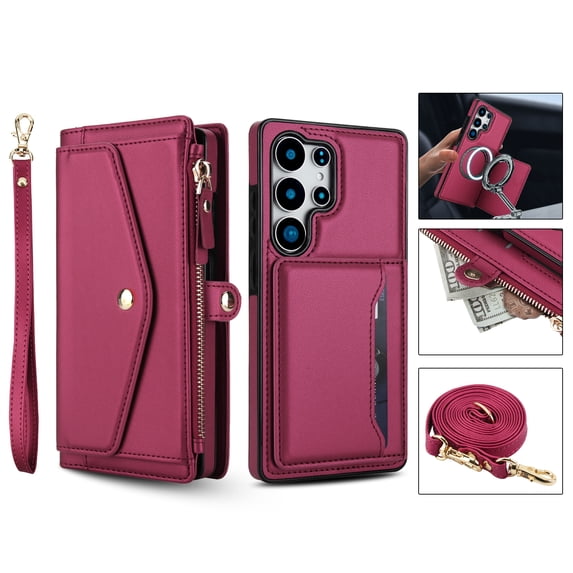 For Samsung Galaxy S24 FE Crossbody Wallet Phone Case,Magnetic Detachable Flip,With Shoulder Strap&Wrist Strap,Zipper Pocket,Card&Cash Slots,PU Leather Shockproof Rugged Phone Case,Red