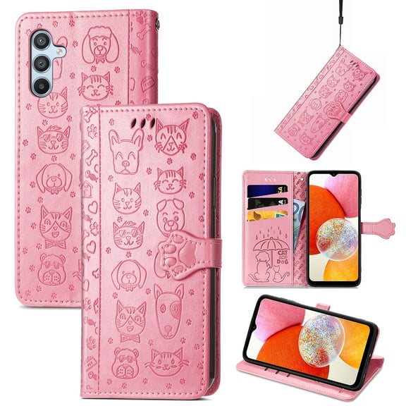 for Samsung Galaxy S24 FE Embossed Pattern Wallet Case with Card Holder, Cute Cat Cartoon PU Leather Flip Kickstand Cover with Magnetic Clasp Wrist Strap for Samsung Galaxy S24 FE, Rosegold