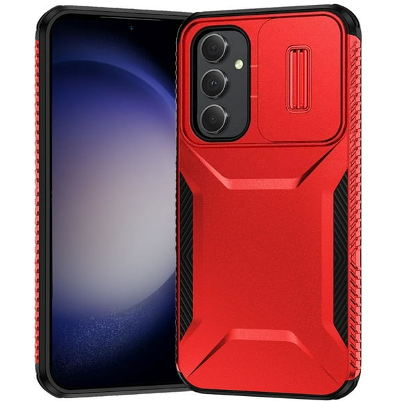 For Samsung Galaxy S24 FE /Fan Edition Case Slim Fit Shockproof Hybrid with Slide Camera Window Covering, Rugged Tpu Silicone Hard PC Bumper Phone Cove [Red]