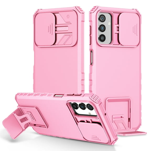For Samsung Galaxy S24 FE Hard PC Case with Slide Camera Lens Cover, Military Grade Drop Protection Heavy Duty Shockproof Multi-angle Kickstand Rugged Case for Samsung Galaxy S24 FE,Pink