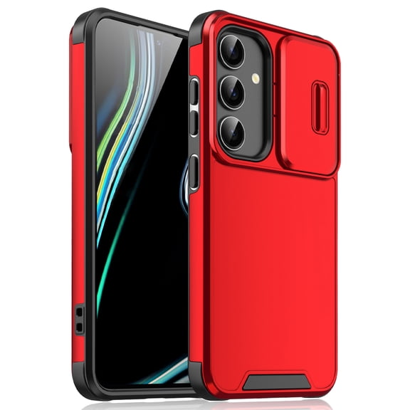 for Samsung Galaxy S24 FE Heavy Duty Case with Camera Sliding Cover, Support Wireless Charging Hybrid TPU & PC Smoothly Anti-Fingerprint Slim Case Compatible with Samsung Galaxy S24 FE, Red