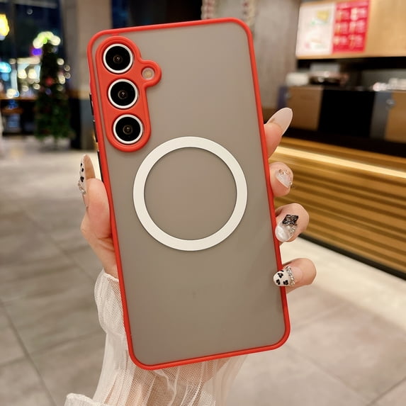 for Samsung Galaxy S24 FE Magnetic Case, Built in Strong Magnets Compatible with MagSafe, Clear Hard PC Back Cover + Soft TPU Frame Shockproof Slim Bumper Case for Samsung Galaxy S24 FE - Red