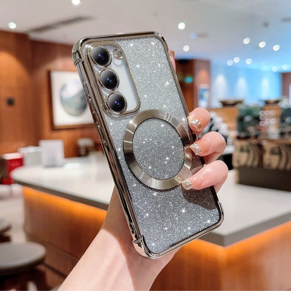 For Samsung Galaxy S24 FE Magnetic Gradient Glitter Case Compatible with Magsafe Charging Luxury Plating Cute Bling Clear Cover for Women Girls Soft TPU Slim Shockproof Phone Case,Silver