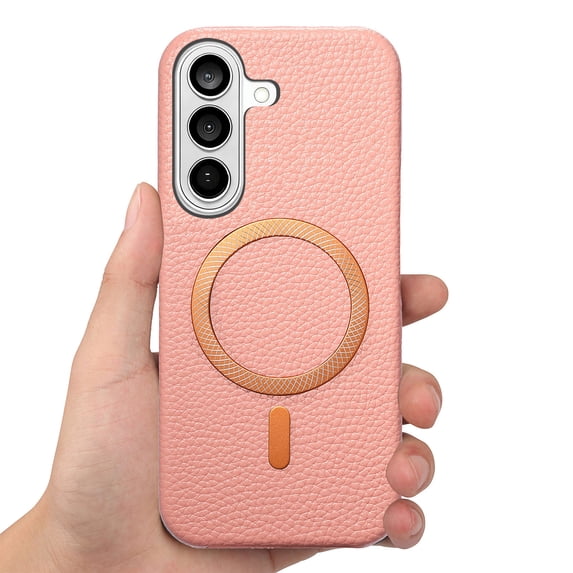 For Samsung Galaxy S24 FE Magnetic Phone Case,Compatible With Wireless Charging,Lychee Pattern PU Leather Back,Ultra Slim Rugged Shockproof Anti-Scratch Anti-fall Non-slip Phone Case,Pink