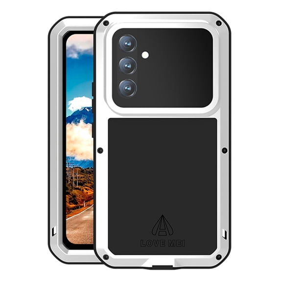for Samsung Galaxy S24 FE Metal + Silicone Case, Heavy Duty Shockproof Rugged Case with Built-in Glass Screen Protector, 360 Full Body Protective Tough Cover for Samsung Galaxy S24 FE, Silver