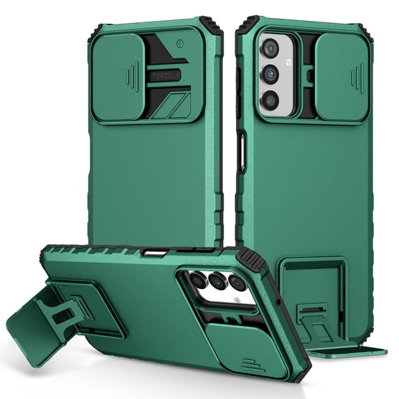 for Samsung Galaxy S24 FE Military Grade Heavy Duty Shockproof Protection Case, with Bracket and Lens Slide Window Hybrid 2 in 1 Phone Cover for Samsung Galaxy S24 FE,Darkgreen