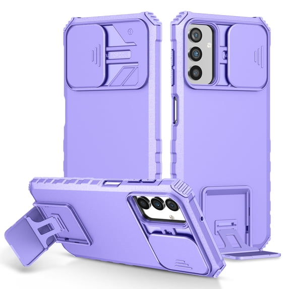 for Samsung Galaxy S24 FE Military Grade Heavy Duty Shockproof Protection Case, with Bracket and Lens Slide Window Hybrid 2 in 1 Phone Cover for Samsung Galaxy S24 FE,Purple