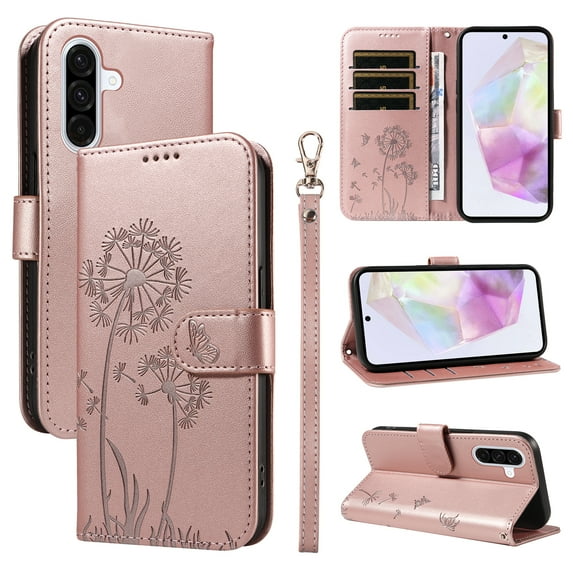 for Samsung Galaxy S24 FE Pattern Wallet Flip Case, Premium PU Leather Card Slots Full Body Protection Wrist Strap Kickstand Non-Slip Shockproof Magnetic Phone Case for Galaxy S24 FE, Rosegold