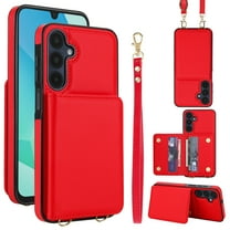 For Samsung Galaxy S24 FE Phone Case Wallet Card Holder,RFID Blocking PU Leather Back Magnetic Flip Kickstand Folio Case Wrist Lanyard & Crossbody Strap Protective Women Girls Cover,Red