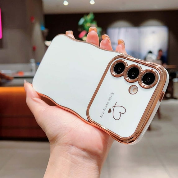 For Samsung Galaxy S24 FE Phone Case for Women Girls,Double Love Hearts Print Designing,Wavy Frame Curly Shape,Shockproof TPU Luxury Electroplated Anti-fall Protective Phone Case Cover,White