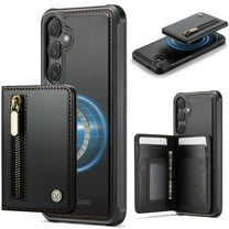 for Samsung Galaxy S24 FE Rugged Case, 2 in 1 Detachable Magnetic Wallet Zipper with RFID Blocking Credit Card Slots Kickstand Phone Case PU Leather for Women Men, Compatible with MagSafe, Black