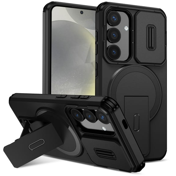 For Samsung Galaxy S24 FE Rugged Phone Case,With Invisible Kickstand,Compatible with Mag-Safe,With Camera Lens Cover,Shockproof Anti-Scratch Drop Protection Durable Heavy Duty Phone Case,Black